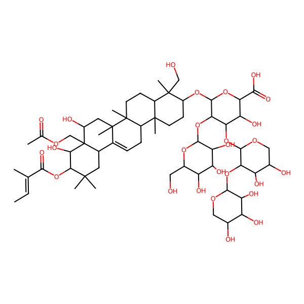 2D Structure of (2S,3S,4S,5R,6R)-6-[[(3S,4R,4aR,6aR,6bS,8R,8aR,9R,10R,12aS,14aR,14bR)-8a-(acetyloxymethyl)-8,9-dihydroxy-4-(hydroxymethyl)-4,6a,6b,11,11,14b-hexamethyl-10-[(Z)-2-methylbut-2-enoyl]oxy-1,2,3,4a,5,6,7,8,9,10,12,12a,14,14a-tetradecahydropicen-3-yl]oxy]-4-[(2S,3R,4S,5S)-4,5-dihydroxy-3-[(2S,3R,4S,5R)-3,4,5-trihydroxyoxan-2-yl]oxyoxan-2-yl]oxy-3-hydroxy-5-[(2S,3R,4S,5R,6R)-3,4,5-trihydroxy-6-(hydroxymethyl)oxan-2-yl]oxyoxane-2-carboxylic acid