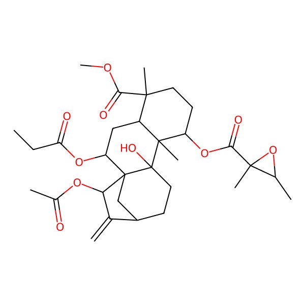 2D Structure of [(1R,2S,4S,5R,8R,9S,10R,13R,15R)-15-acetyloxy-10-hydroxy-5-methoxycarbonyl-5,9-dimethyl-14-methylidene-2-propanoyloxy-8-tetracyclo[11.2.1.01,10.04,9]hexadecanyl] (2S,3R)-2,3-dimethyloxirane-2-carboxylate