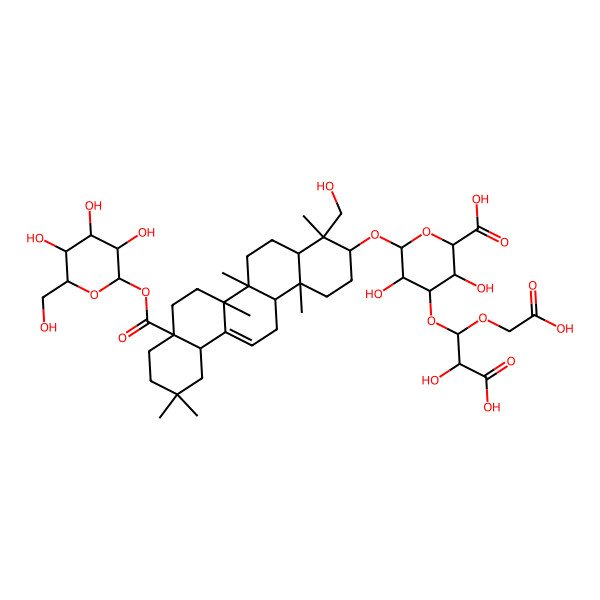 2D Structure of (2S,3S,4S,5R,6R)-6-[[(3S,4R,4aR,6aR,6bS,8aS,12aS,14aR,14bR)-4-(hydroxymethyl)-4,6a,6b,11,11,14b-hexamethyl-8a-[(2S,3R,4S,5S,6R)-3,4,5-trihydroxy-6-(hydroxymethyl)oxan-2-yl]oxycarbonyl-1,2,3,4a,5,6,7,8,9,10,12,12a,14,14a-tetradecahydropicen-3-yl]oxy]-4-[(1S,2R)-2-carboxy-1-(carboxymethoxy)-2-hydroxyethoxy]-3,5-dihydroxyoxane-2-carboxylic acid