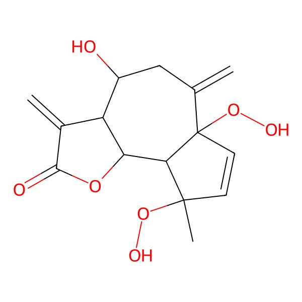 2D Structure of 6a,9-dihydroperoxy-4-hydroxy-9-methyl-3,6-dimethylidene-4,5,9a,9b-tetrahydro-3aH-azuleno[4,5-b]furan-2-one