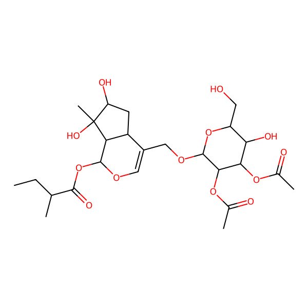 2D Structure of [4-[[3,4-diacetyloxy-5-hydroxy-6-(hydroxymethyl)oxan-2-yl]oxymethyl]-6,7-dihydroxy-7-methyl-4a,5,6,7a-tetrahydro-1H-cyclopenta[c]pyran-1-yl] 2-methylbutanoate