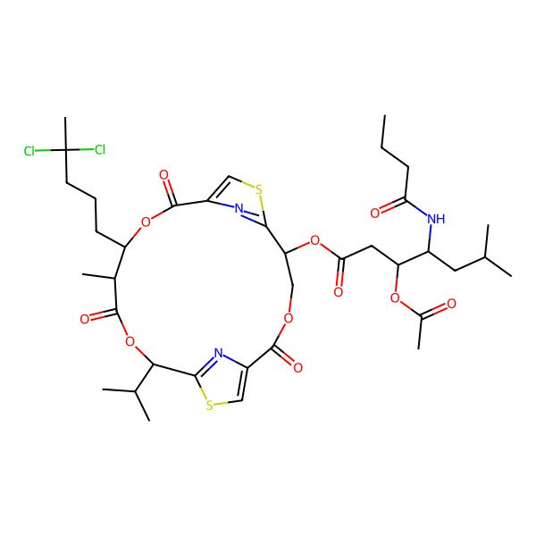 2D Structure of [12-(4,4-Dichloropentyl)-13-methyl-2,10,14-trioxo-16-propan-2-yl-3,11,15-trioxa-7,18-dithia-20,21-diazatricyclo[15.2.1.16,9]henicosa-1(19),6(21),8,17(20)-tetraen-5-yl] 3-acetyloxy-4-(butanoylamino)-6-methylheptanoate