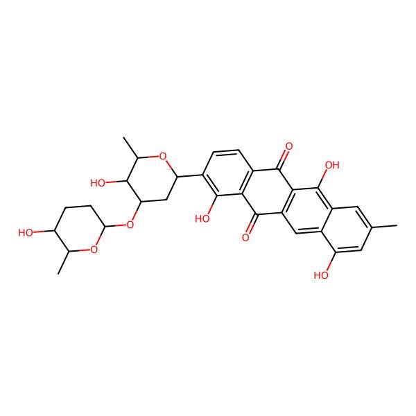 2D Structure of 1,6,10-trihydroxy-2-[(2S,4R,5S,6S)-5-hydroxy-4-[(2R,5R,6R)-5-hydroxy-6-methyloxan-2-yl]oxy-6-methyloxan-2-yl]-8-methyltetracene-5,12-dione
