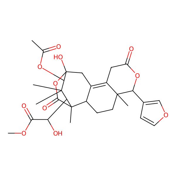 2D Structure of Methyl 2-[14-acetyloxy-6-(furan-3-yl)-13-hydroxy-1,5,15,15-tetramethyl-8,17-dioxo-7,18-dioxatetracyclo[11.3.2.02,11.05,10]octadec-10-en-16-yl]-2-hydroxyacetate