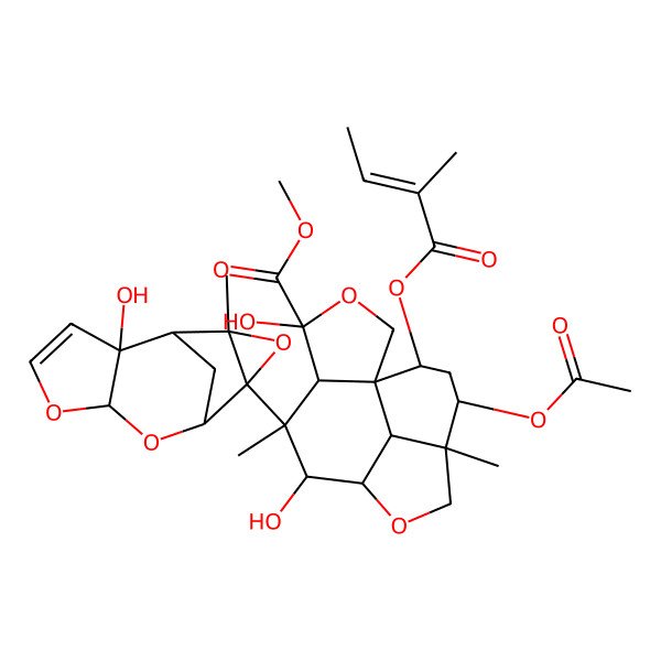 2D Structure of methyl (1S,4R,5R,6S,7S,8S,11R,12R,14S,15S)-12-acetyloxy-4,7-dihydroxy-6-[(1S,2R,6S,8S,9R,11S)-2-hydroxy-11-methyl-5,7,10-trioxatetracyclo[6.3.1.02,6.09,11]dodec-3-en-9-yl]-6,11-dimethyl-14-[(E)-2-methylbut-2-enoyl]oxy-3,9-dioxatetracyclo[6.6.1.01,5.011,15]pentadecane-4-carboxylate