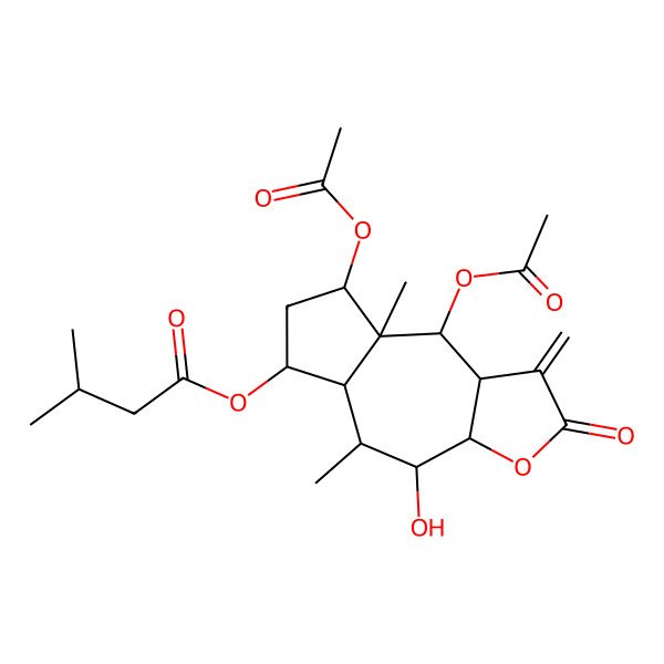 2D Structure of (8,9-diacetyloxy-4-hydroxy-5,8a-dimethyl-1-methylidene-2-oxo-4,5,5a,6,7,8,9,9a-octahydro-3aH-azuleno[6,5-b]furan-6-yl) 3-methylbutanoate