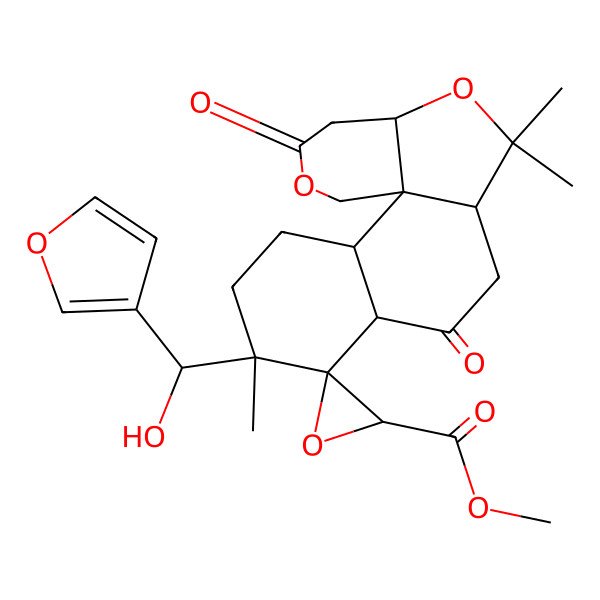 2D Structure of Methyl 5-[furan-3-yl(hydroxy)methyl]-5,11,11-trimethyl-8,15-dioxospiro[12,16-dioxatetracyclo[8.7.0.01,13.02,7]heptadecane-6,3'-oxirane]-2'-carboxylate