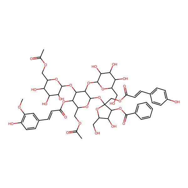 2D Structure of [(2S,3S,4R,5R)-2-[(2R,3R,4S,5R,6R)-6-(acetyloxymethyl)-4-[(2S,3R,4S,5S,6R)-6-(acetyloxymethyl)-3,4,5-trihydroxyoxan-2-yl]oxy-5-[(E)-3-(4-hydroxy-3-methoxyphenyl)prop-2-enoyl]oxy-3-[(2S,3R,4S,5S,6R)-3,4,5-trihydroxy-6-(hydroxymethyl)oxan-2-yl]oxyoxan-2-yl]oxy-4-hydroxy-5-(hydroxymethyl)-2-[[(E)-3-(4-hydroxyphenyl)prop-2-enoyl]oxymethyl]oxolan-3-yl] benzoate