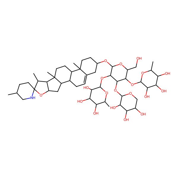 2D Structure of (2S,3S,4S,5S,6S)-2-[(2S,3R,4S,5R,6S)-2-(hydroxymethyl)-6-[(1S,2S,4R,5'R,6S,7R,8S,9R,12R,13R,16S)-5',7,9,13-tetramethylspiro[5-oxapentacyclo[10.8.0.02,9.04,8.013,18]icos-18-ene-6,2'-piperidine]-16-yl]oxy-5-[(2R,3S,4R,5R,6R)-3,4,5-trihydroxy-6-methyloxan-2-yl]oxy-4-[(2R,3S,4R,5R)-3,4,5-trihydroxyoxan-2-yl]oxyoxan-3-yl]oxy-6-methyloxane-3,4,5-triol