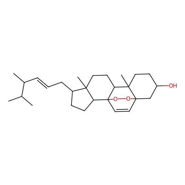 2D Structure of 5-(4,5-Dimethylhex-2-enyl)-6,10-dimethyl-16,17-dioxapentacyclo[13.2.2.01,9.02,6.010,15]nonadec-18-en-13-ol