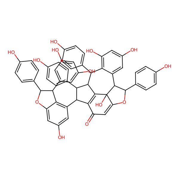 2D Structure of 3-[3-(3,5-Dihydroxyphenyl)-6-hydroxy-2-(4-hydroxyphenyl)-2,3-dihydro-1-benzofuran-4-yl]-13,15,19-trihydroxy-2,9,17-tris(4-hydroxyphenyl)-8-oxapentacyclo[8.7.2.04,18.07,19.011,16]nonadeca-4(18),6,11(16),12,14-pentaen-5-one
