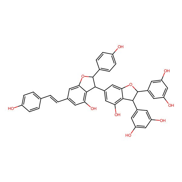 2D Structure of 5-[2-(3,5-Dihydroxyphenyl)-4-hydroxy-6-[4-hydroxy-2-(4-hydroxyphenyl)-6-[2-(4-hydroxyphenyl)ethenyl]-2,3-dihydro-1-benzofuran-3-yl]-2,3-dihydro-1-benzofuran-3-yl]benzene-1,3-diol