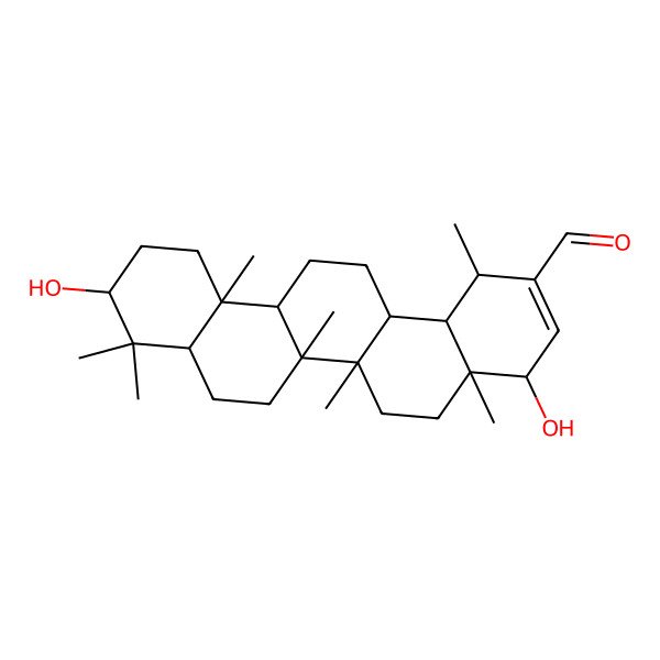 2D Structure of (1S,4S,4aR,6aR,6aR,6bR,8aR,10S,12aR,14aR,14bR)-4,10-dihydroxy-1,4a,6a,6b,9,9,12a-heptamethyl-4,5,6,6a,7,8,8a,10,11,12,13,14,14a,14b-tetradecahydro-1H-picene-2-carbaldehyde