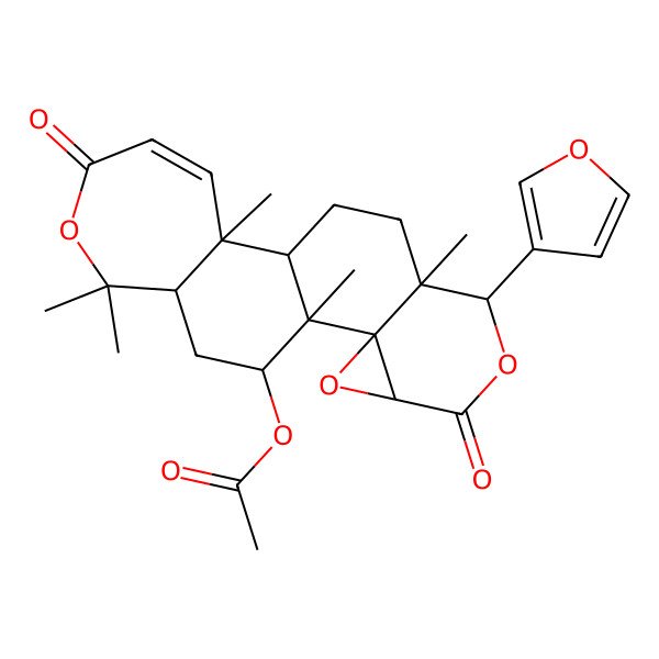 2D Structure of [7-(Furan-3-yl)-1,8,12,17,17-pentamethyl-5,15-dioxo-3,6,16-trioxapentacyclo[9.9.0.02,4.02,8.012,18]icos-13-en-20-yl] acetate