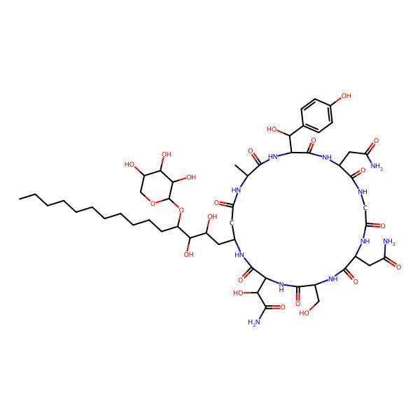 2D Structure of 2-[9,15-Bis(2-amino-2-oxoethyl)-25-[2,3-dihydroxy-4-(3,4,5-trihydroxyoxan-2-yl)oxypentadecyl]-18-[hydroxy-(4-hydroxyphenyl)methyl]-6-(hydroxymethyl)-21-methyl-2,5,8,11,14,17,20,23-octaoxo-1,4,7,10,13,16,19,22-octazacyclopentacos-3-yl]-2-hydroxyacetamide