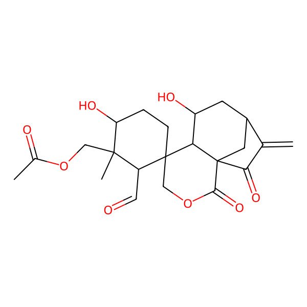 2D Structure of (2'-Formyl-6',7-dihydroxy-1'-methyl-10-methylidene-2,11-dioxospiro[3-oxatricyclo[7.2.1.01,6]dodecane-5,3'-cyclohexane]-1'-yl)methyl acetate
