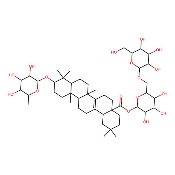 2D Structure of [3,4,5-trihydroxy-6-[[3,4,5-trihydroxy-6-(hydroxymethyl)oxan-2-yl]oxymethyl]oxan-2-yl] 2,2,6b,9,9,12a-hexamethyl-10-(3,4,5-trihydroxy-6-methyloxan-2-yl)oxy-3,4,5,6,6a,7,8,8a,10,11,12,13,14,14b-tetradecahydro-1H-picene-4a-carboxylate