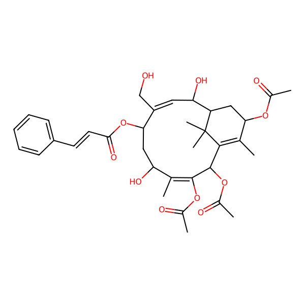 2D Structure of [(1S,2R,3E,5R,7S,8E,10S,13R)-9,10,13-triacetyloxy-2,7-dihydroxy-4-(hydroxymethyl)-8,12,15,15-tetramethyl-5-bicyclo[9.3.1]pentadeca-3,8,11-trienyl] (E)-3-phenylprop-2-enoate