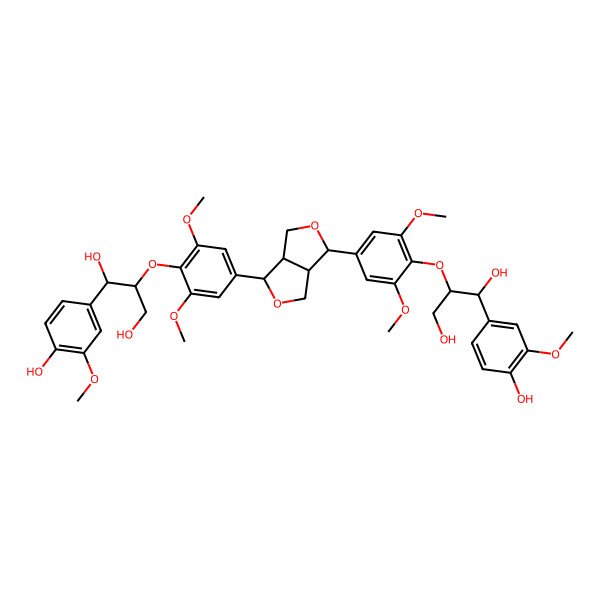 2D Structure of 2-[4-[(3aS,6aR)-6-[4-[1,3-dihydroxy-1-(4-hydroxy-3-methoxyphenyl)propan-2-yl]oxy-3,5-dimethoxyphenyl]-1,3,3a,4,6,6a-hexahydrofuro[3,4-c]furan-3-yl]-2,6-dimethoxyphenoxy]-1-(4-hydroxy-3-methoxyphenyl)propane-1,3-diol