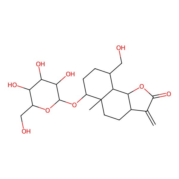 2D Structure of (3aS,5aR,6R,9R,9aS,9bS)-9-(hydroxymethyl)-5a-methyl-3-methylidene-6-[(2R,3R,4S,5S,6R)-3,4,5-trihydroxy-6-(hydroxymethyl)oxan-2-yl]oxy-4,5,6,7,8,9,9a,9b-octahydro-3aH-benzo[g][1]benzofuran-2-one