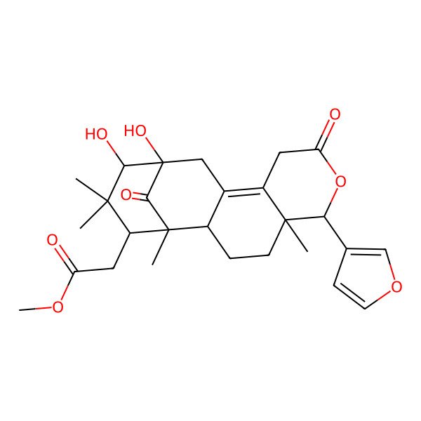 2D Structure of Methyl 2-[6-(furan-3-yl)-13,14-dihydroxy-1,5,15,15-tetramethyl-8,17-dioxo-7-oxatetracyclo[11.3.1.02,11.05,10]heptadec-10-en-16-yl]acetate