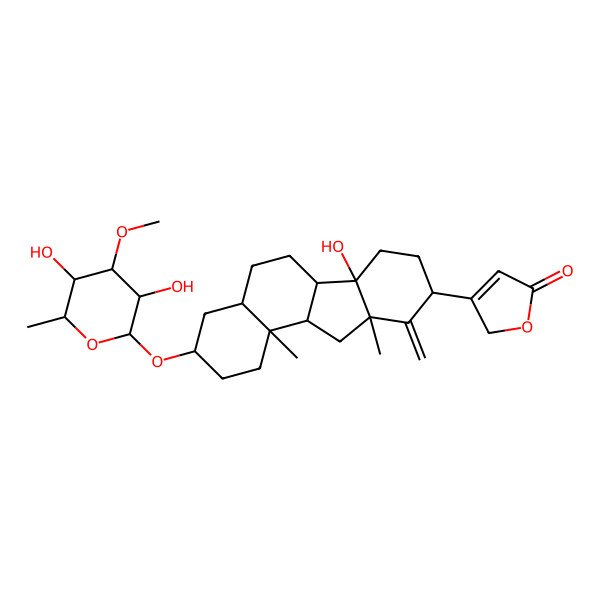 2D Structure of 3-[(3S,4aR,6aR,6bS,9S,10aR,11aS,11bS)-3-[(2R,3S,4R,5S,6S)-3,5-dihydroxy-4-methoxy-6-methyloxan-2-yl]oxy-6b-hydroxy-10a,11b-dimethyl-10-methylidene-2,3,4,4a,5,6,6a,7,8,9,11,11a-dodecahydro-1H-benzo[a]fluoren-9-yl]-2H-furan-5-one