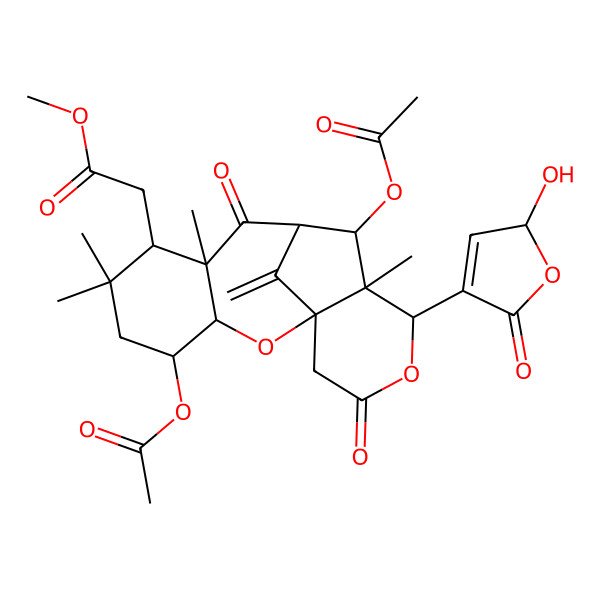 2D Structure of methyl 2-[(1S,3R,4S,7S,8R,10R,11S,12S,13R)-4,11-diacetyloxy-13-[(2S)-2-hydroxy-5-oxo-2H-furan-4-yl]-6,6,8,12-tetramethyl-17-methylidene-9,15-dioxo-2,14-dioxatetracyclo[8.6.1.01,12.03,8]heptadecan-7-yl]acetate