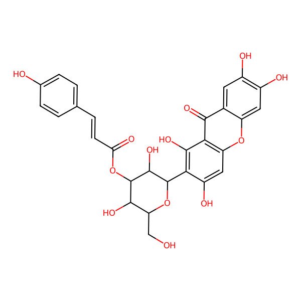 2D Structure of [(2R,3R,4R,5S,6S)-3,5-dihydroxy-2-(hydroxymethyl)-6-(1,3,6,7-tetrahydroxy-9-oxoxanthen-2-yl)oxan-4-yl] (E)-3-(4-hydroxyphenyl)prop-2-enoate