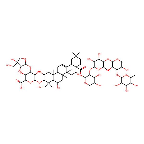 2D Structure of 6-[[8a-[3-[5-[3,5-Dihydroxy-4-(3,4,5-trihydroxy-6-methyloxan-2-yl)oxyoxan-2-yl]oxy-3,4-dihydroxy-6-methyloxan-2-yl]oxy-4,5-dihydroxyoxan-2-yl]oxycarbonyl-2,5,8-trihydroxy-4-(hydroxymethyl)-4,6a,6b,11,11,14b-hexamethyl-1,2,3,4a,5,6,7,8,9,10,12,12a,14,14a-tetradecahydropicen-3-yl]oxy]-4-[3,4-dihydroxy-4-(hydroxymethyl)oxolan-2-yl]oxy-3,5-dihydroxyoxane-2-carboxylic acid