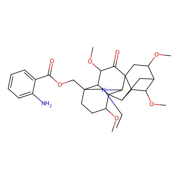 2D Structure of (3-Ethyl-8,12,14,17-tetramethoxy-16-oxo-3-azahexacyclo[7.6.3.110,13.01,11.02,9.05,18]nonadecan-5-yl)methyl 2-aminobenzoate
