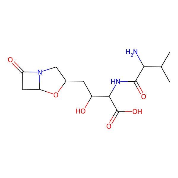 2D Structure of 2-[(2-amino-3-methyl-butanoyl)amino]-3-hydroxy-4-[(3S,5S)-7-oxo-4-oxa-1-azabicyclo[3.2.0]heptan-3-yl]butanoic acid