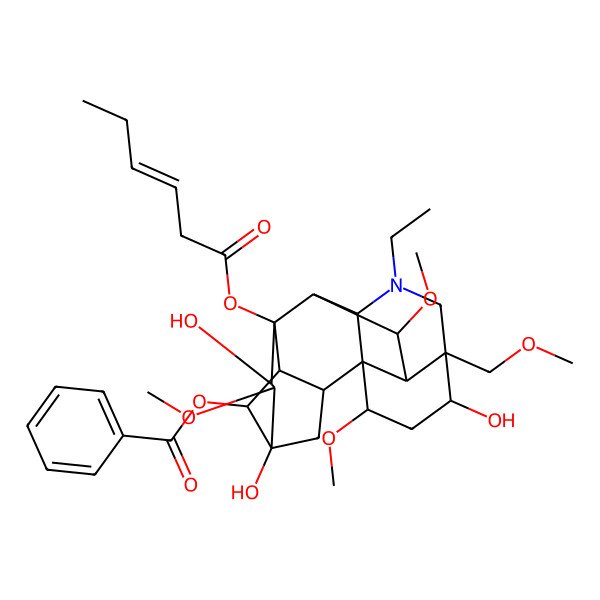 2D Structure of [(1S,2R,3R,4S,5R,6S,7S,8S,9R,10R,13R,14R,16S,17S,18S)-11-ethyl-8-[(E)-hex-3-enoyl]oxy-5,7,14-trihydroxy-6,16,18-trimethoxy-13-(methoxymethyl)-11-azahexacyclo[7.7.2.12,5.01,10.03,8.013,17]nonadecan-4-yl] benzoate