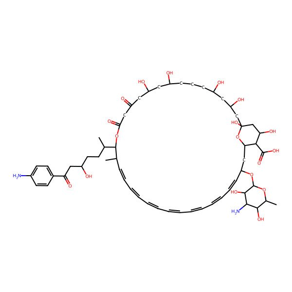 2D Structure of (1R,3R,5S,9S,11R,17S,18R,19Z,21Z,23E,25E,27E,29E,31E,33S,35R,36R,37R)-33-[(2S,3R,4S,5S,6S)-4-amino-3,5-dihydroxy-6-methyloxan-2-yl]oxy-17-[(2S,5R)-7-(4-aminophenyl)-5-hydroxy-7-oxoheptan-2-yl]-1,3,5,9,11,37-hexahydroxy-18-methyl-13,15-dioxo-16,39-dioxabicyclo[33.3.1]nonatriaconta-19,21,23,25,27,29,31-heptaene-36-carboxylic acid