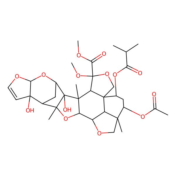 2D Structure of methyl (1S,4S,5R,6S,7R,8S,10R,14R,15S,16R,18S,19R,22R,23R,25S,26S)-23-acetyloxy-7,14-dihydroxy-4-methoxy-6,16,22-trimethyl-25-(2-methylpropanoyloxy)-3,9,11,17,20-pentaoxaoctacyclo[17.6.1.18,15.01,5.06,18.07,16.010,14.022,26]heptacos-12-ene-4-carboxylate