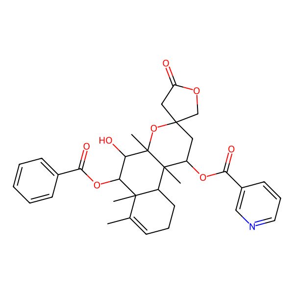2D Structure of (6-benzoyloxy-5-hydroxy-4a,6a,7,10b-tetramethyl-2'-oxospiro[2,5,6,9,10,10a-hexahydro-1H-benzo[f]chromene-3,4'-oxolane]-1-yl) pyridine-3-carboxylate