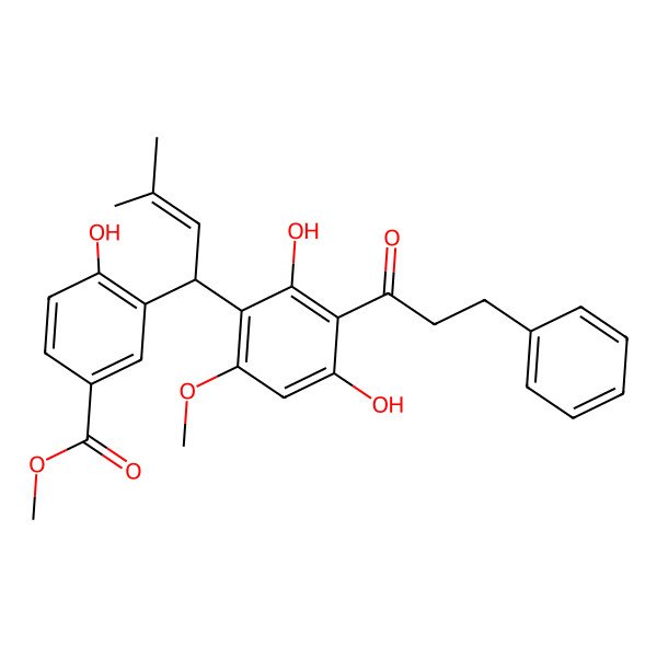 2D Structure of methyl 3-[(1R)-1-[2,4-dihydroxy-6-methoxy-3-(3-phenylpropanoyl)phenyl]-3-methylbut-2-enyl]-4-hydroxybenzoate