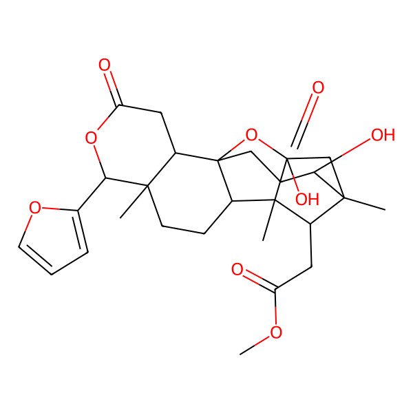 2D Structure of methyl 2-[(1S,6R,7R,11S,12S,14R,15S,19S)-6-(furan-2-yl)-12,15-dihydroxy-7,11,14-trimethyl-4,16-dioxo-5,18-dioxapentacyclo[10.5.1.111,14.01,10.02,7]nonadecan-19-yl]acetate