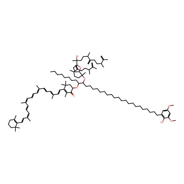 2D Structure of (6R)-6-[(9R,10R)-31-(2-hydroxy-3,5-dimethoxyphenyl)-10-[(2R,5S,9S)-2-[(2S,5S)-5-[(2S,5R,9R)-2-hydroxy-5,9,10-trimethyl-6-methylideneundec-10-en-2-yl]oxolan-2-yl]-5,9,10-trimethyl-6-methylideneundec-10-en-2-yl]oxyhentriacontan-9-yl]oxy-2,4,4-trimethyl-3-[(1E,3E,5E,7E,9E,11E,13E,15E,17E)-3,7,12,16-tetramethyl-18-(2,6,6-trimethylcyclohexen-1-yl)octadeca-1,3,5,7,9,11,13,15,17-nonaenyl]cyclohex-2-en-1-one