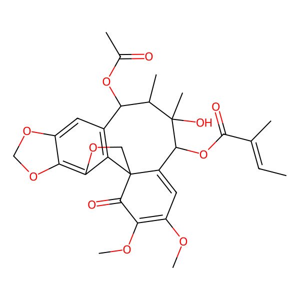 2D Structure of (12-Acetyloxy-14-hydroxy-18,19-dimethoxy-13,14-dimethyl-20-oxo-3,6,8-trioxapentacyclo[9.9.1.01,16.04,21.05,9]henicosa-4(21),5(9),10,16,18-pentaen-15-yl) 2-methylbut-2-enoate