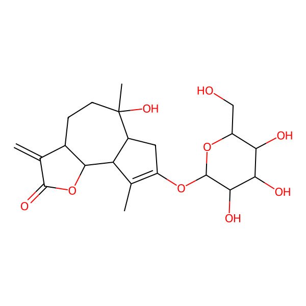 2D Structure of (3aS,6R,6aR,9aR,9bS)-6-hydroxy-6,9-dimethyl-3-methylidene-8-[(2S,3R,4S,5S,6R)-3,4,5-trihydroxy-6-(hydroxymethyl)oxan-2-yl]oxy-4,5,6a,7,9a,9b-hexahydro-3aH-azuleno[4,5-b]furan-2-one