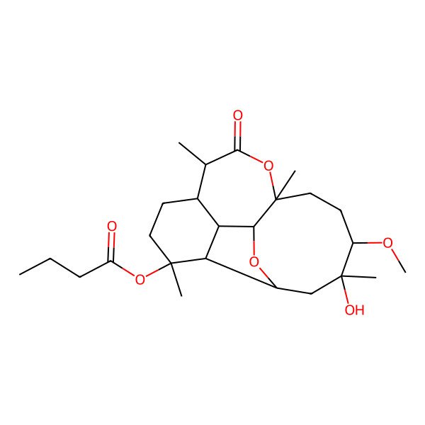 2D Structure of (15-Hydroxy-14-methoxy-4,8,11,15-tetramethyl-9-oxo-10,18-dioxatetracyclo[9.7.0.02,7.03,17]octadecan-4-yl) butanoate