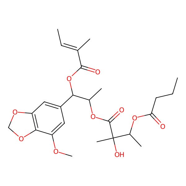 2D Structure of [1-(7-Methoxy-1,3-benzodioxol-5-yl)-1-(2-methylbut-2-enoyloxy)propan-2-yl] 3-butanoyloxy-2-hydroxy-2-methylbutanoate