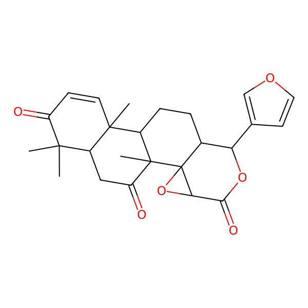 2D Structure of 7-(Furan-3-yl)-1,12,16,16-tetramethyl-3,6-dioxapentacyclo[9.8.0.02,4.02,8.012,17]nonadec-13-ene-5,15,19-trione