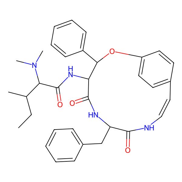 2D Structure of (2S,3R)-N-[(3S,4R,7R,10E)-7-benzyl-5,8-dioxo-3-phenyl-2-oxa-6,9-diazabicyclo[10.2.2]hexadeca-1(14),10,12,15-tetraen-4-yl]-2-(dimethylamino)-3-methylpentanamide