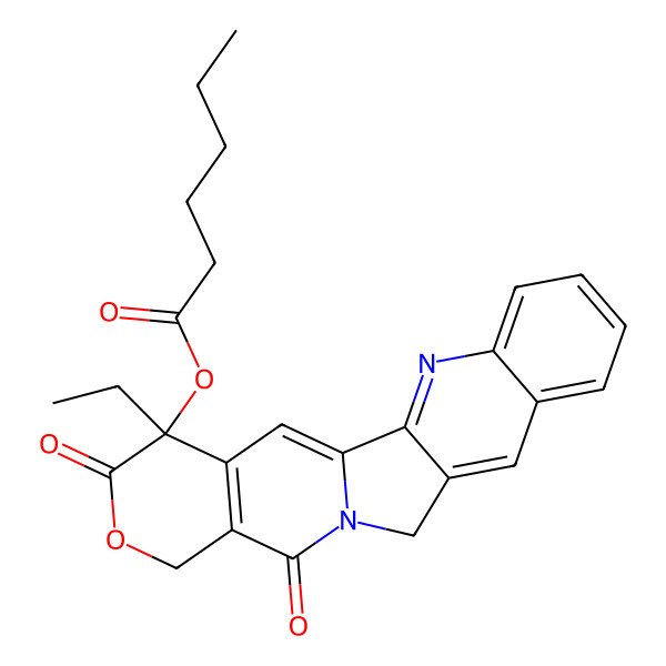 2D Structure of [(19S)-19-ethyl-14,18-dioxo-17-oxa-3,13-diazapentacyclo[11.8.0.02,11.04,9.015,20]henicosa-1(21),2,4,6,8,10,15(20)-heptaen-19-yl] hexanoate