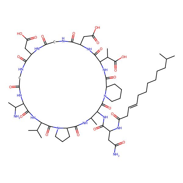 2D Structure of (2S)-2-[(3S,4R,7S,13R,16R,22S,28S,31S,34R)-16-[(1R)-1-aminoethyl]-3-[[(2S)-4-amino-2-[[(Z)-11-methyldodec-3-enoyl]amino]-4-oxobutanoyl]amino]-22,28-bis(carboxymethyl)-4-methyl-2,6,12,15,18,21,24,27,30,33-decaoxo-13-propan-2-yl-1,5,11,14,17,20,23,26,29,32-decazatricyclo[32.4.0.07,11]octatriacontan-31-yl]propanoic acid