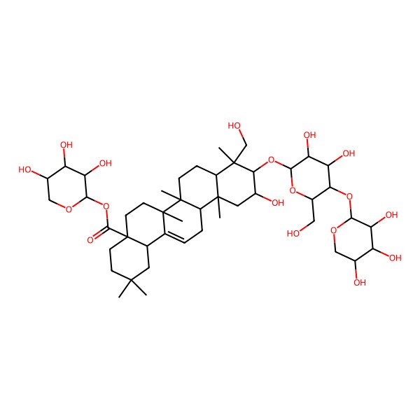 2D Structure of [(2S,3R,4S,5S)-3,4,5-trihydroxyoxan-2-yl] (4aS,6aR,6aS,6bR,8aR,9R,10R,11S,12aR,14bS)-10-[(2R,3R,4R,5S,6R)-3,4-dihydroxy-6-(hydroxymethyl)-5-[(2S,3R,4S,5R)-3,4,5-trihydroxyoxan-2-yl]oxyoxan-2-yl]oxy-11-hydroxy-9-(hydroxymethyl)-2,2,6a,6b,9,12a-hexamethyl-1,3,4,5,6,6a,7,8,8a,10,11,12,13,14b-tetradecahydropicene-4a-carboxylate