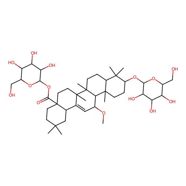 2D Structure of [(2R,3R,4S,5S,6R)-3,4,5-trihydroxy-6-(hydroxymethyl)oxan-2-yl] (4aS,6aR,6aS,6bR,8aR,10S,12aS,13R,14bS)-13-methoxy-2,2,6a,6b,9,9,12a-heptamethyl-10-[(2R,3R,4S,5S,6R)-3,4,5-trihydroxy-6-(hydroxymethyl)oxan-2-yl]oxy-1,3,4,5,6,6a,7,8,8a,10,11,12,13,14b-tetradecahydropicene-4a-carboxylate