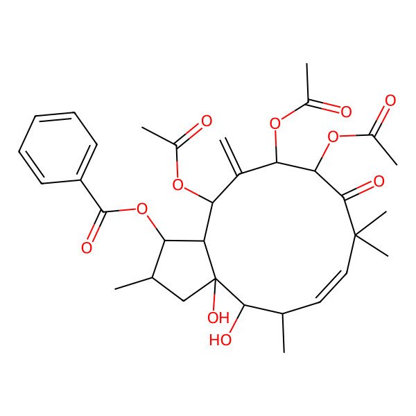 2D Structure of [(1S,2S,3aR,4R,5R,6E,10R,11S,13R,13aR)-10,11,13-triacetyloxy-3a,4-dihydroxy-2,5,8,8-tetramethyl-12-methylidene-9-oxo-2,3,4,5,10,11,13,13a-octahydro-1H-cyclopenta[12]annulen-1-yl] benzoate