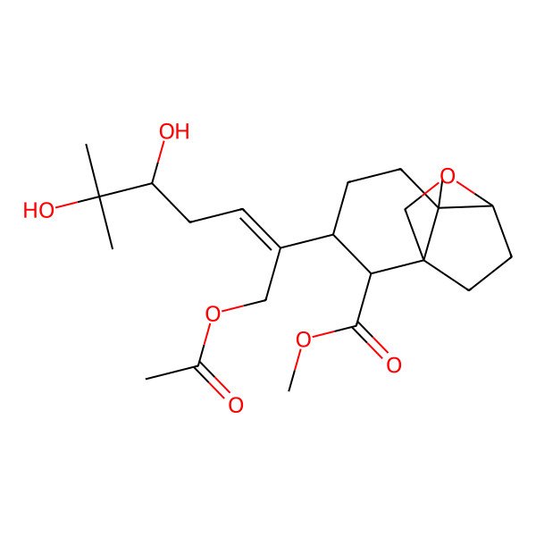2D Structure of methyl (1S,2R,3S,6S,7S)-3-[(E,5R)-1-acetyloxy-5,6-dihydroxy-6-methylhept-2-en-2-yl]-6-methyl-8-oxatricyclo[5.2.2.01,6]undecane-2-carboxylate